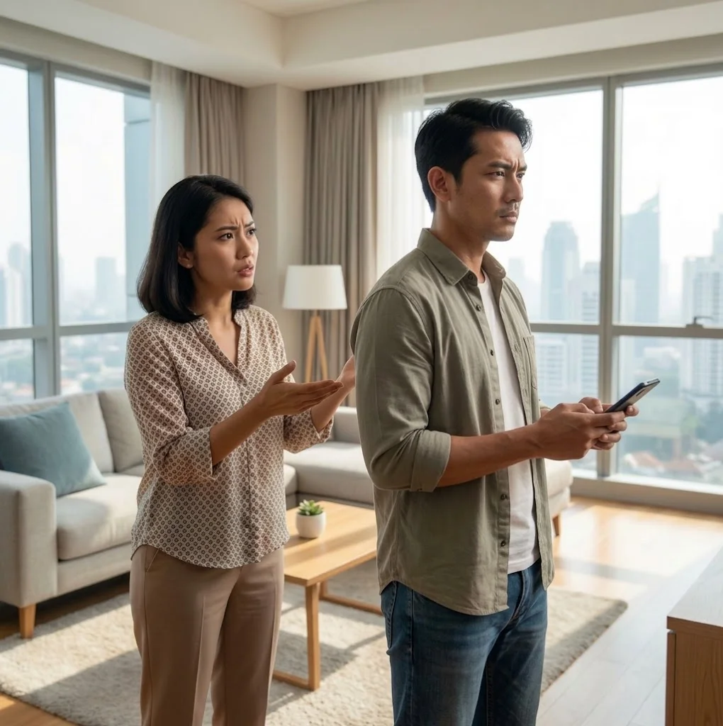 Pareja en casa, con el esposo mirando el teléfono