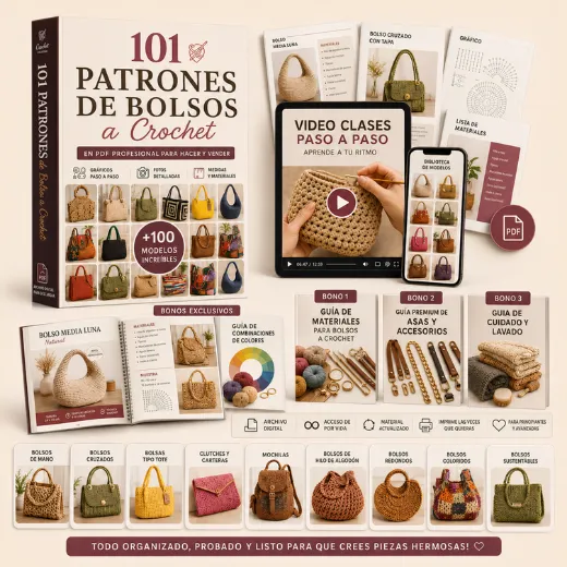 101 patrones de bolsos de ganchillo, videoclases y bonos de la colección